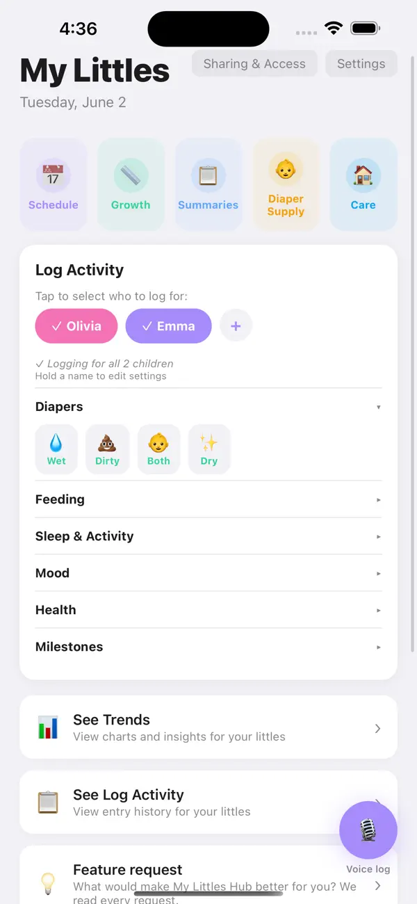 My Littles Hub activity screen showing Olivia and Emma selected together