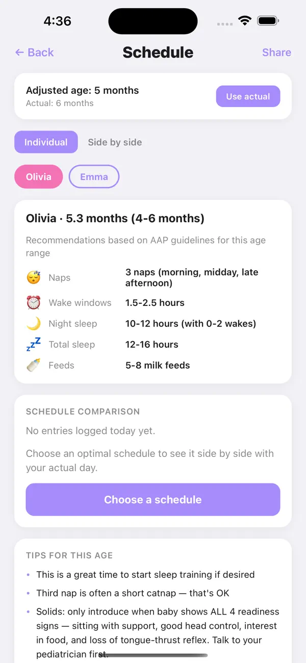 My Littles Hub schedule screen with adjusted-age guidance