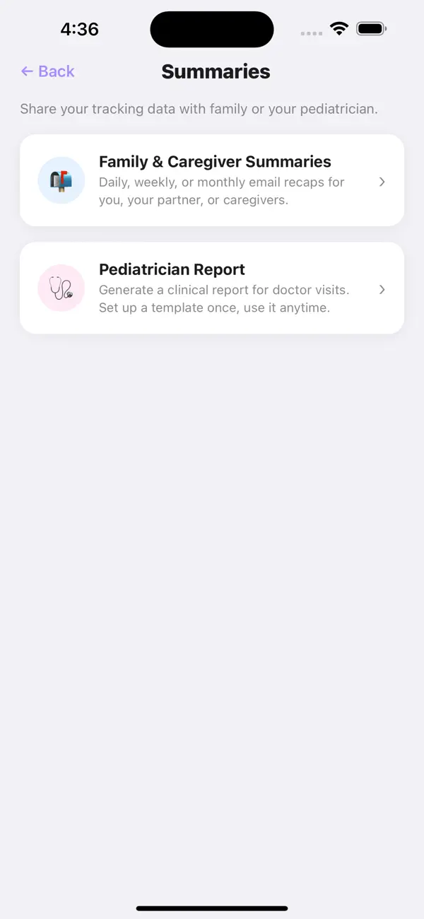 Family and pediatrician summary options